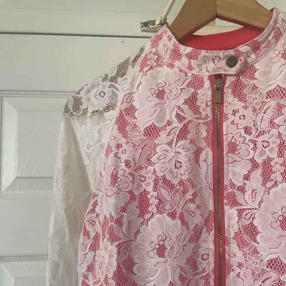 Kenneth Cole Reaction White Lace Blazer Zip Jacket Pink Lining Size Small - Picture 2 of 7